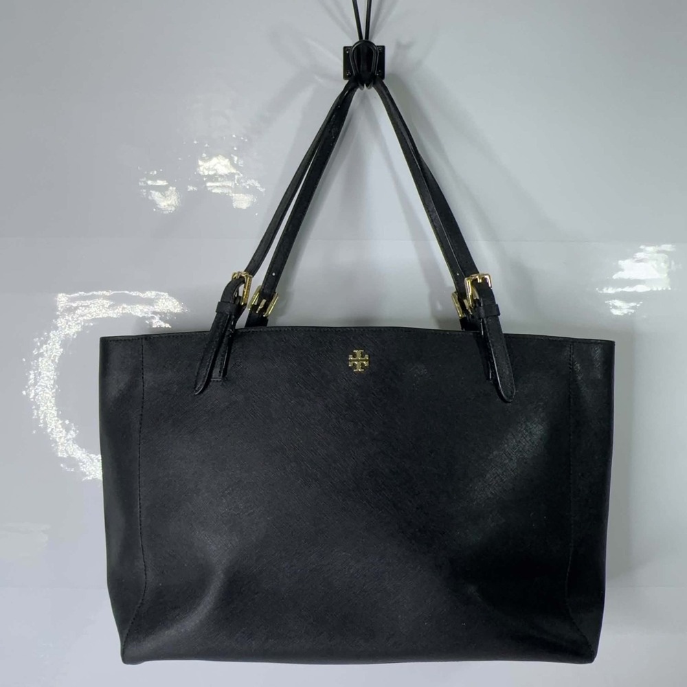 Tory Burch York Buckle Tote Large Black Saffiano Leather Gold Work Bag Classic